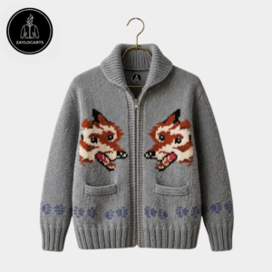 Zaylocarts Men's Wolf Nordic Zip-Up Wool Blend Cardigan Sweater - Grey